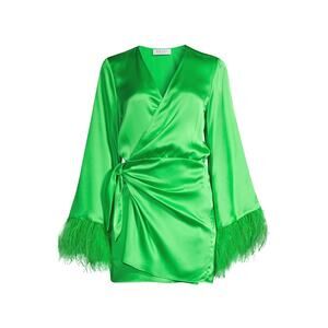 Delfi 'Luna' Green Silk Feather-Trim Wrap Mini Dress Size M